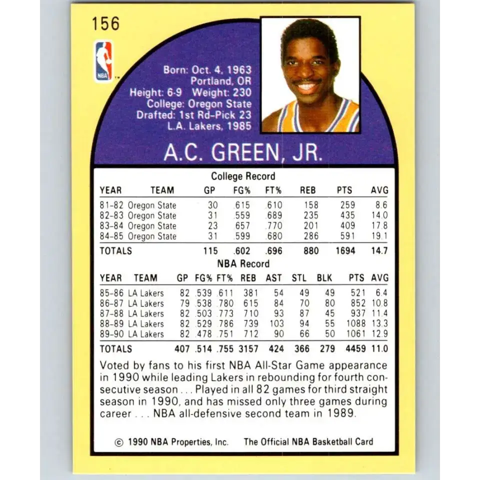 1990-91 Hoops #156 A.C. Green NM-MT Los Angeles Lakers Basketball Card - Basketball Card Single