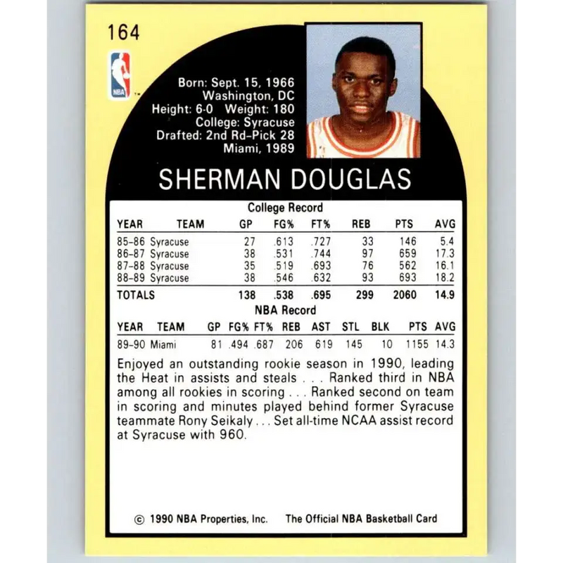 1990-91 Hoops #164 Sherman Douglas NM-MT RC Rookie Miami Heat Basketball Card - Basketball Card Single