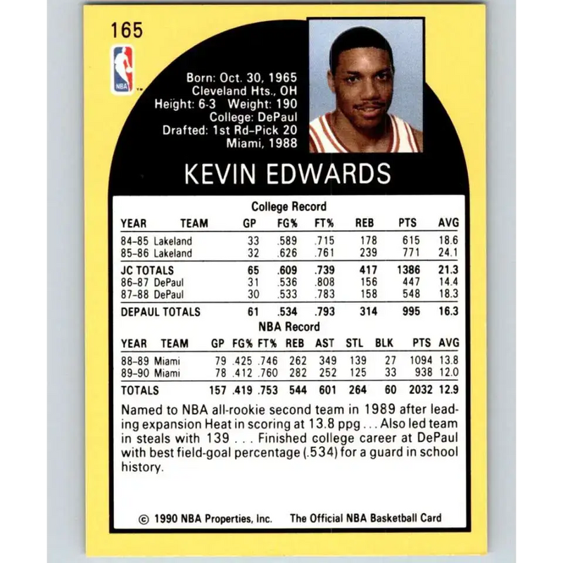 1990-91 Hoops #165 Kevin Edwards NM-MT Miami Heat Basketball Card - Basketball Card Single