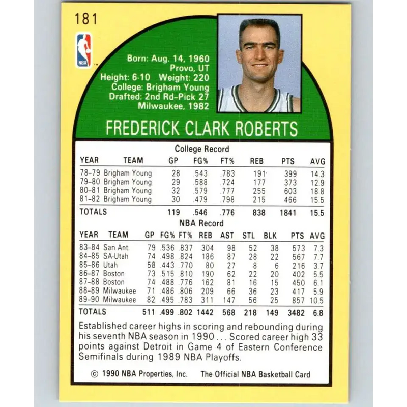 1990-91 Hoops #181 Fred Roberts NM-MT Milwaukee Bucks Basketball Card - Basketball Card Single