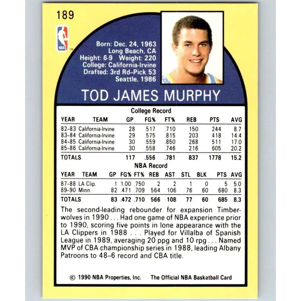 1990-91 Hoops #189 Tod Murphy NM-MT Minnesota Timberwolves Basketball Card - Basketball Card Single