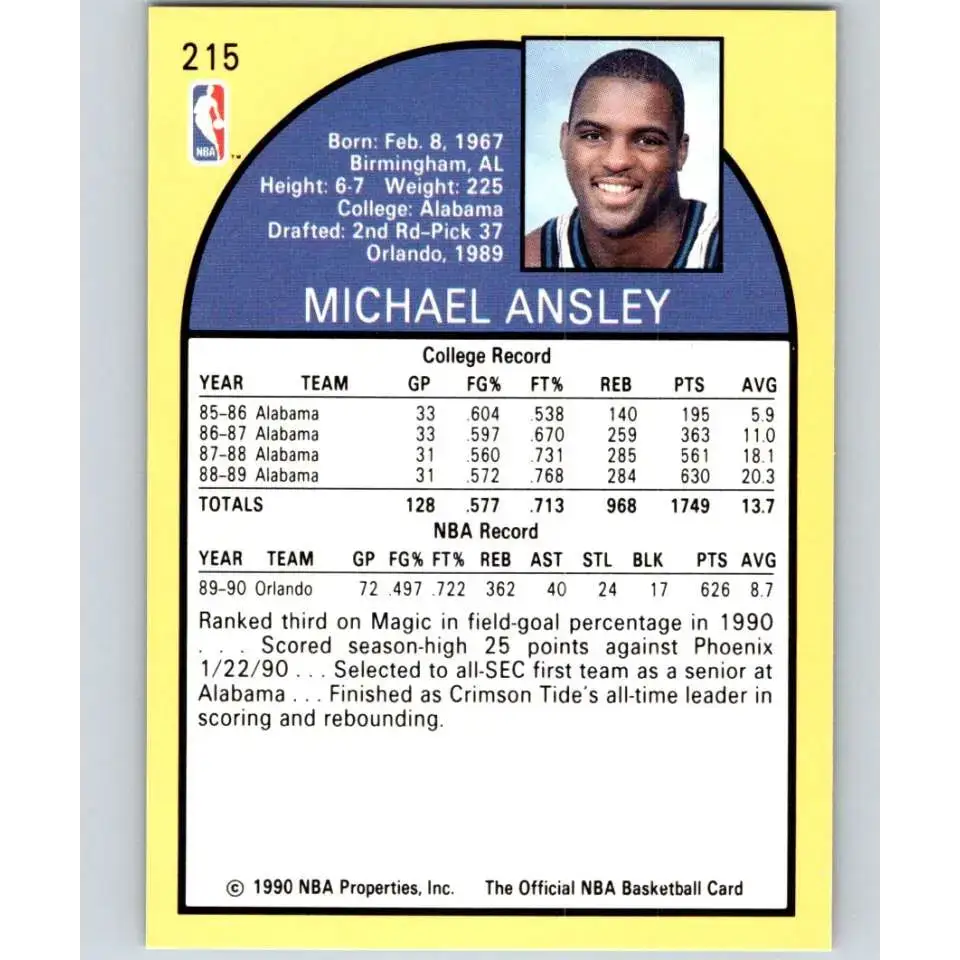 1990-91 Hoops #215 Michael Ansley UER NM-MT RC Rookie Orlando Magic Basketball Card - Basketball Card Single