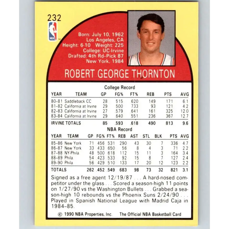 1990-91 Hoops #232 Bob Thornton NM-MT Philadelphia 76ers Basketball Card - Basketball Card Single