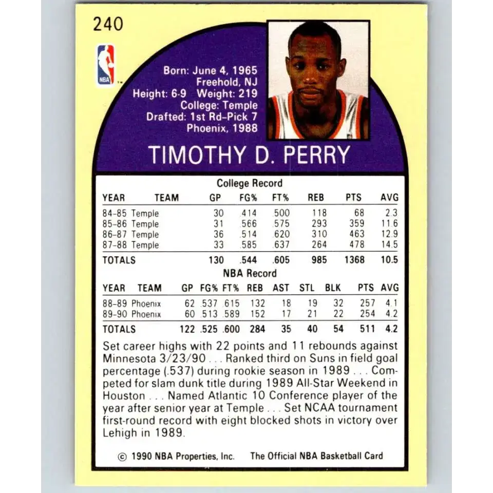 1990-91 Hoops #240 Tim Perry NM-MT Phoenix Suns Basketball Card - Basketball Card Single
