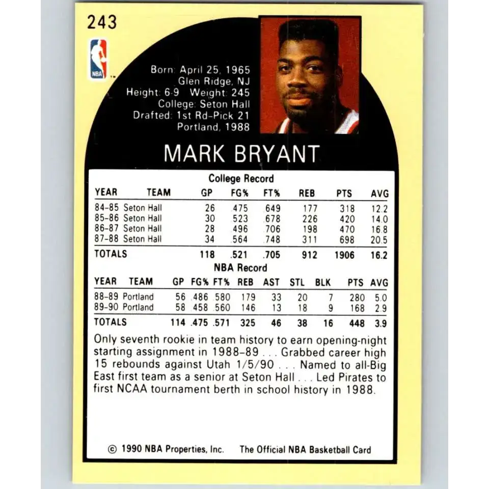 1990-91 Hoops #243 Mark Bryant NM-MT Portland Trail Blazers Basketball Card - Basketball Card Single