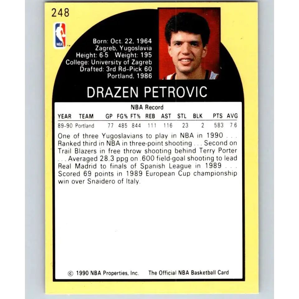1990-91 Hoops #248 Drazen Petrovic NM-MT RC Rookie Portland Trail Blazers Basketball Card - Basketball Card Single