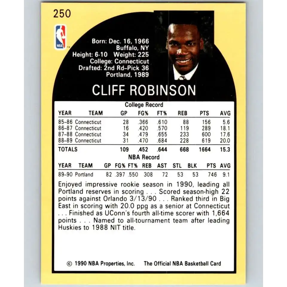 1990-91 Hoops #250 Clifford Robinson NM-MT RC Rookie Portland Trail Blazers Basketball Card - Basketball Card Single