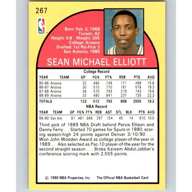 1990-91 Hoops #267 Sean Elliott NM-MT RC Rookie San Antonio Spurs Basketball Card - Basketball Card Single