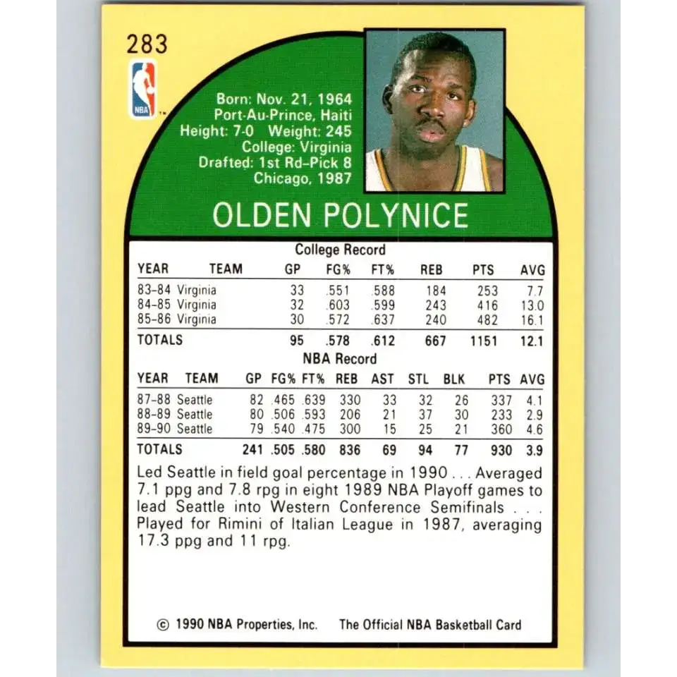1990-91 Hoops #283 Olden Polynice NM-MT Seattle SuperSonics Basketball Card - Basketball Card Single