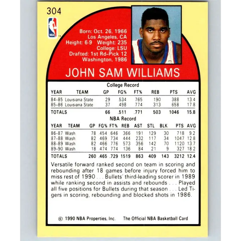 1990-91 Hoops #304 John Williams NM-MT Washington Bullets Basketball Card - Basketball Card Single