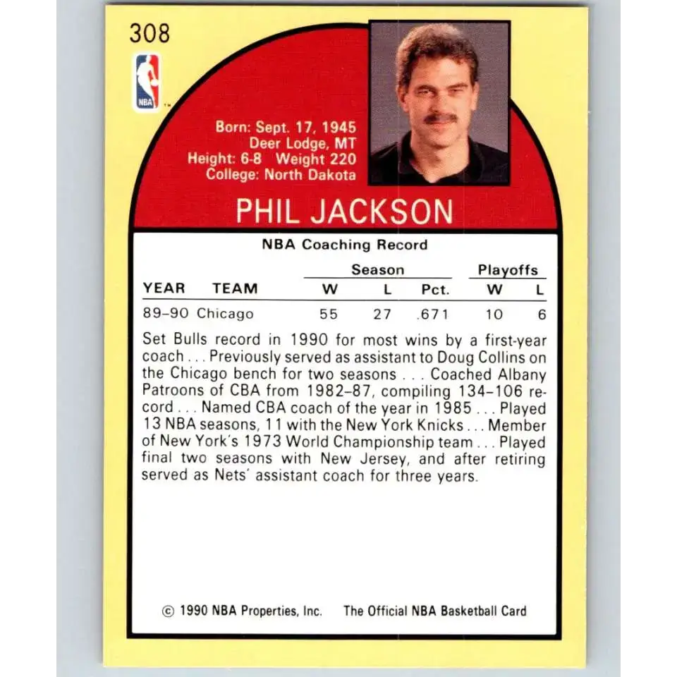 1990-91 Hoops #308 Phil Jackson CO NM-MT Chicago Bulls Basketball Card - Basketball Card Single