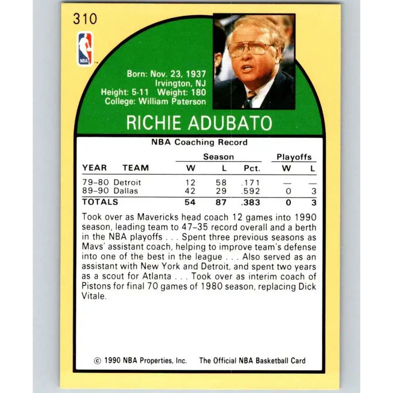 1990-91 Hoops #310 Richie Adubato CO NM-MT Dallas Mavericks Basketball Card - Basketball Card Single