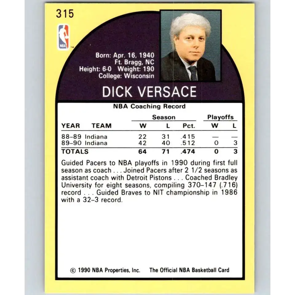 1990-91 Hoops #315 Dick Versace CO NM-MT Indiana Pacers Basketball Card - Basketball Card Single