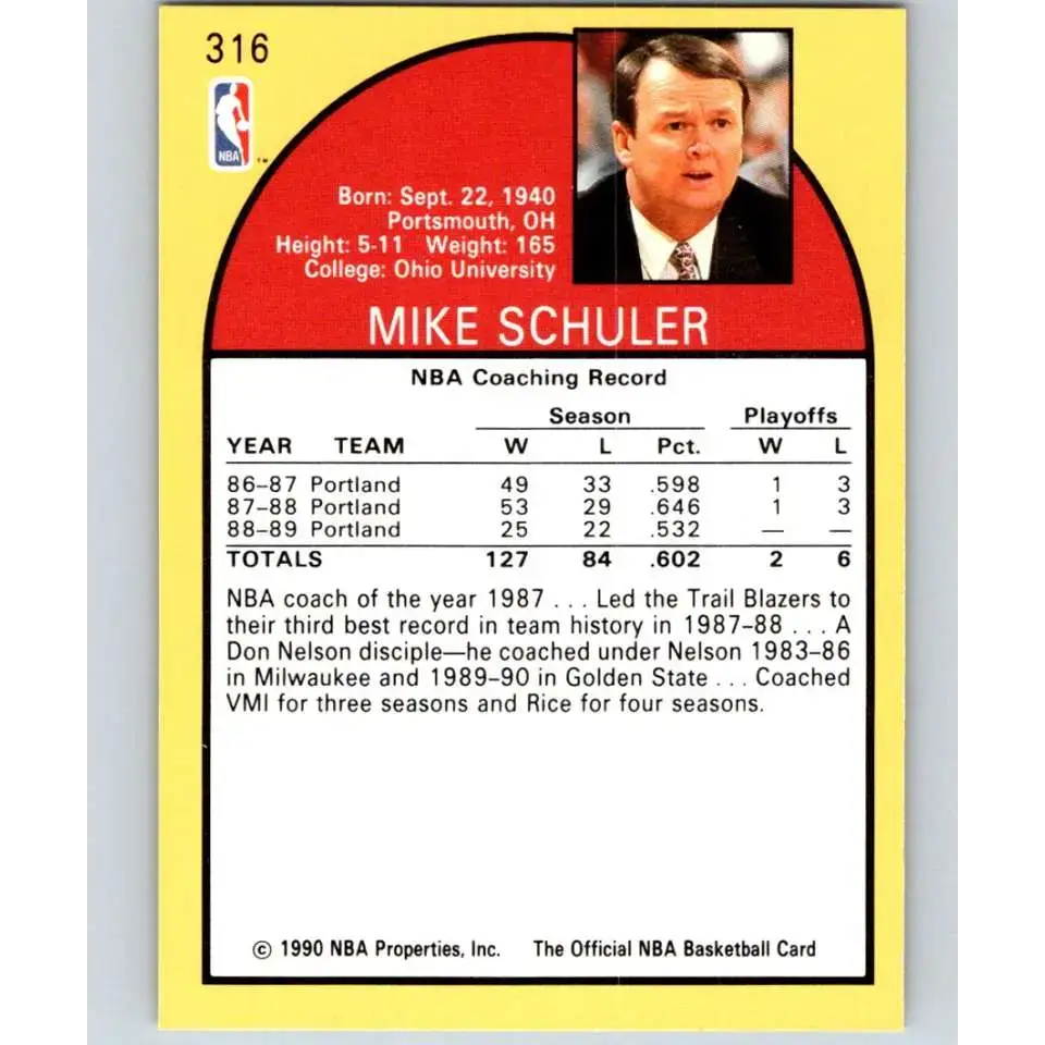 1990-91 Hoops #316 Mike Schuler CO NM-MT Los Angeles Clippers Basketball Card - Basketball Card Single