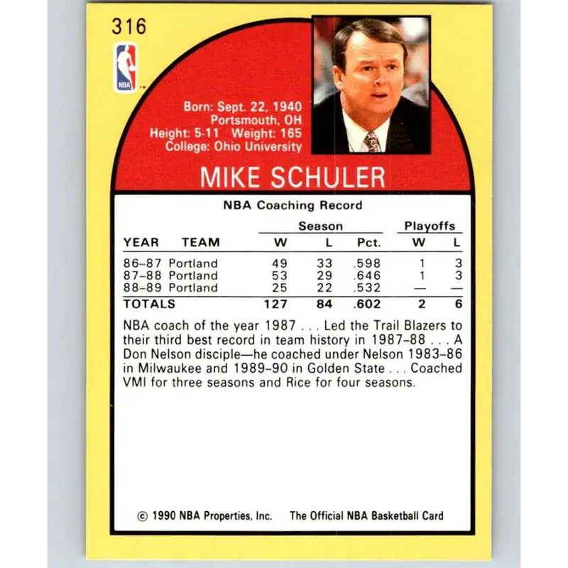 1990-91 Hoops #316 Mike Schuler CO NM-MT Los Angeles Clippers Basketball Card - Basketball Card Single