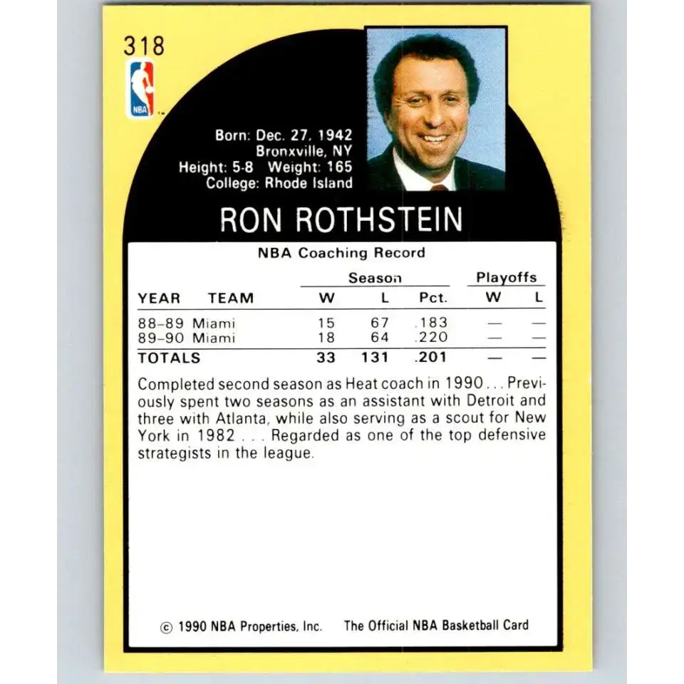 1990-91 Hoops #318 Ron Rothstein CO NM-MT Miami Heat Basketball Card - Basketball Card Single