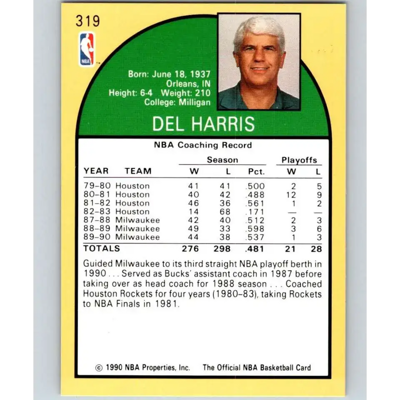 1990-91 Hoops #319 Del Harris CO NM-MT Milwaukee Bucks Basketball Card - Basketball Card Single