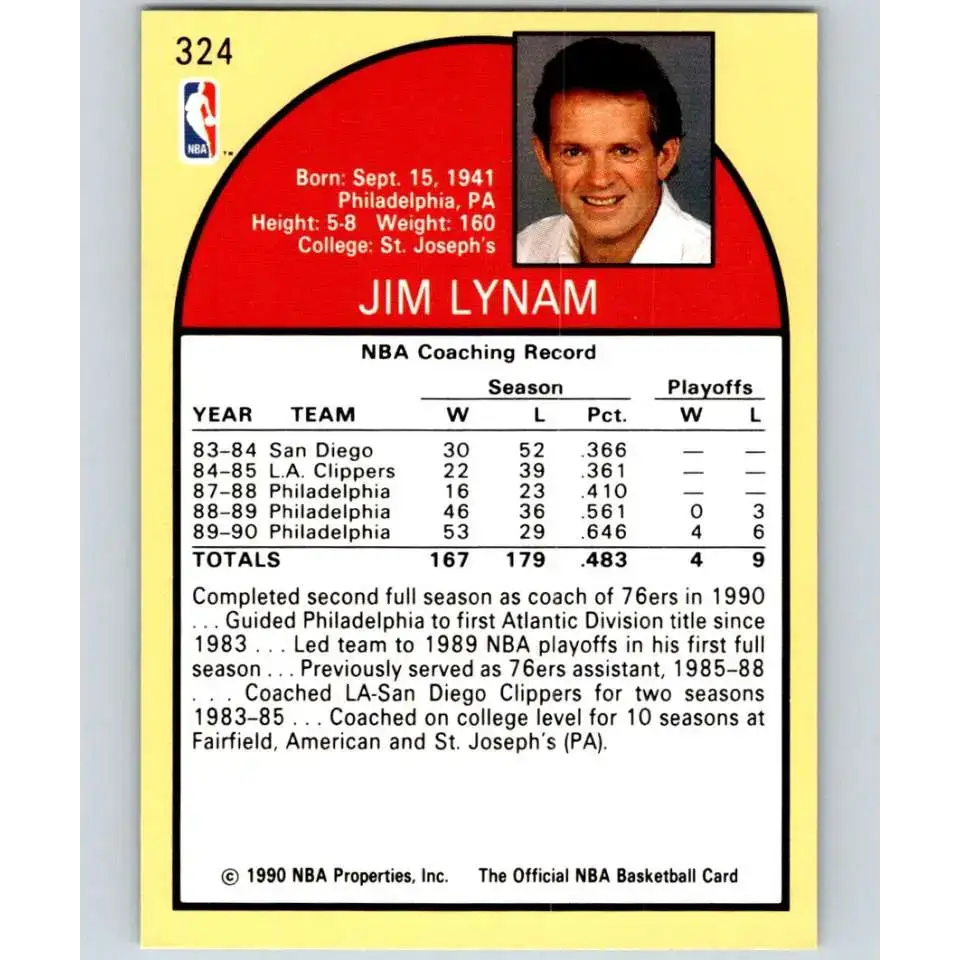 1990-91 Hoops #324 Jim Lynam CO NM-MT Philadelphia 76ers Basketball Card - Basketball Card Single