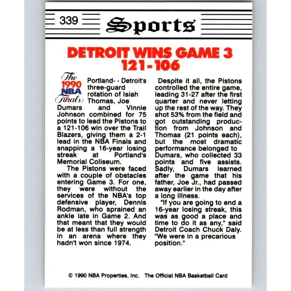 1990-91 Hoops #339 NBA Final Game 3 NM-MT Detroit Pistons/Portland Trail Blazers Basketball Card - Basketball Card
