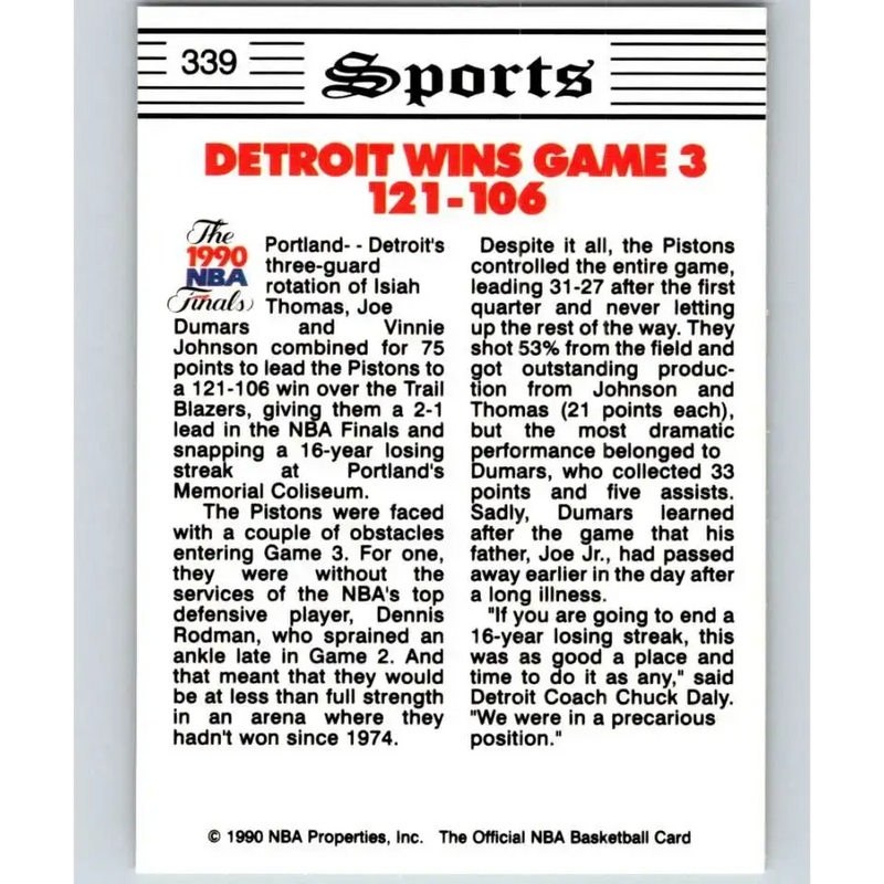 1990-91 Hoops #339 NBA Final Game 3 NM-MT Detroit Pistons/Portland Trail Blazers Basketball Card - Basketball Card