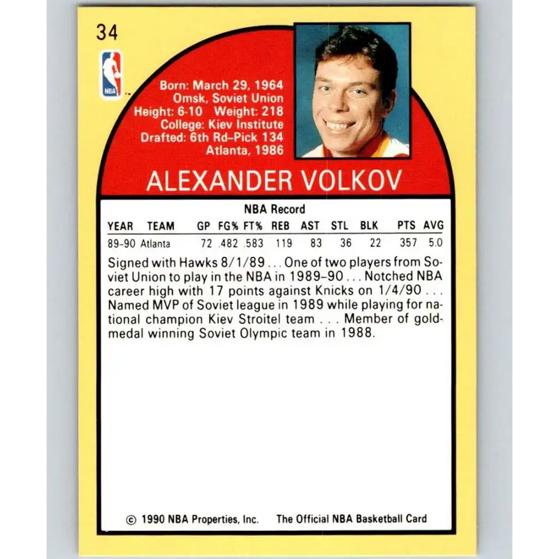 1990-91 Hoops #34 Alexander Volkov NM-MT RC Rookie Atlanta Hawks Basketball Card - Basketball Card Single
