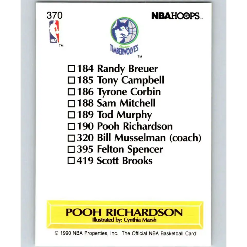 1990-91 Hoops #370 Pooh Richardson TC NM-MT Minnesota Timberwolves Basketball Card - Basketball Card Single