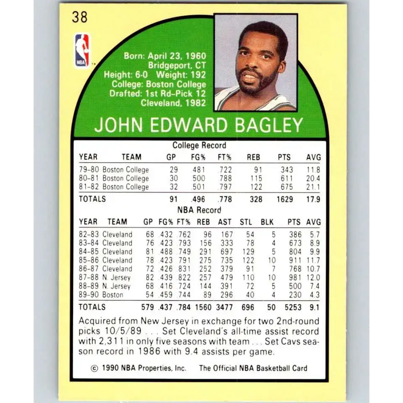 1990-91 Hoops #38 John Bagley NM-MT Boston Celtics Basketball Card - Basketball Card Single