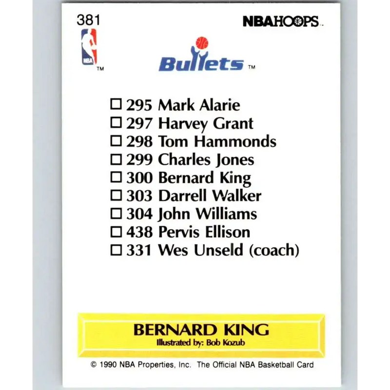 1990-91 Hoops #381 Bernard King TC NM-MT Washington Bullets Basketball Card - Basketball Card Single