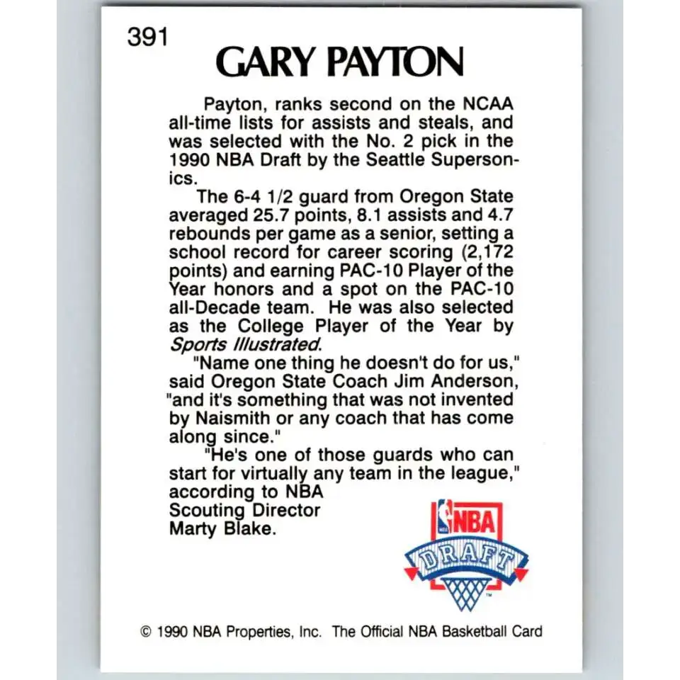 1990-91 Hoops #391 Gary Payton NM-MT RC Rookie Seattle SuperSonics Basketball Card - Basketball Card Single