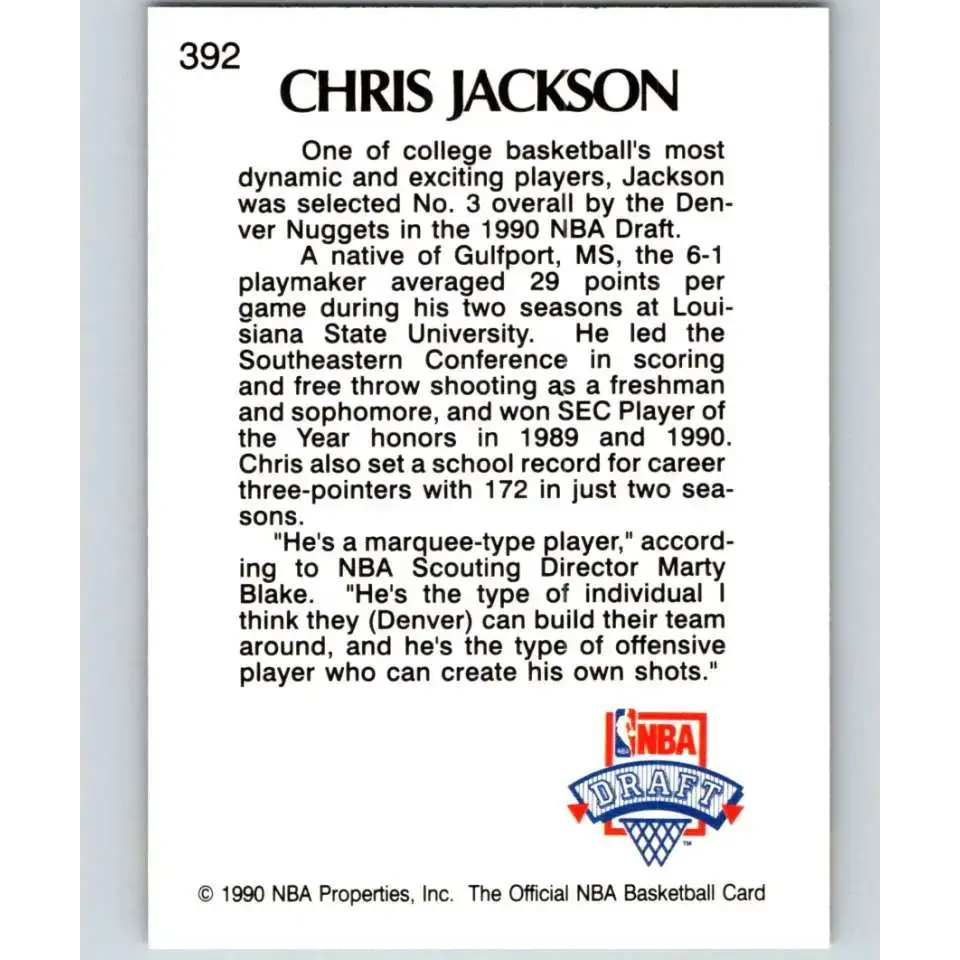 1990-91 Hoops #392 Chris Jackson NM-MT RC Rookie Denver Nuggets Basketball Card - Basketball Card Single
