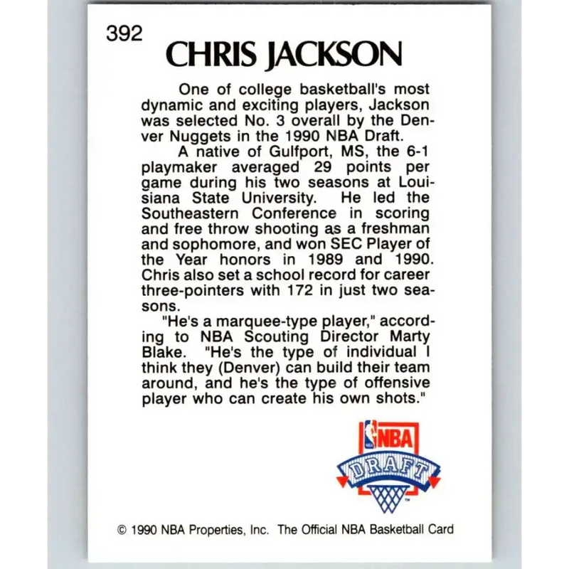 1990-91 Hoops #392 Chris Jackson NM-MT RC Rookie Denver Nuggets Basketball Card - Basketball Card Single