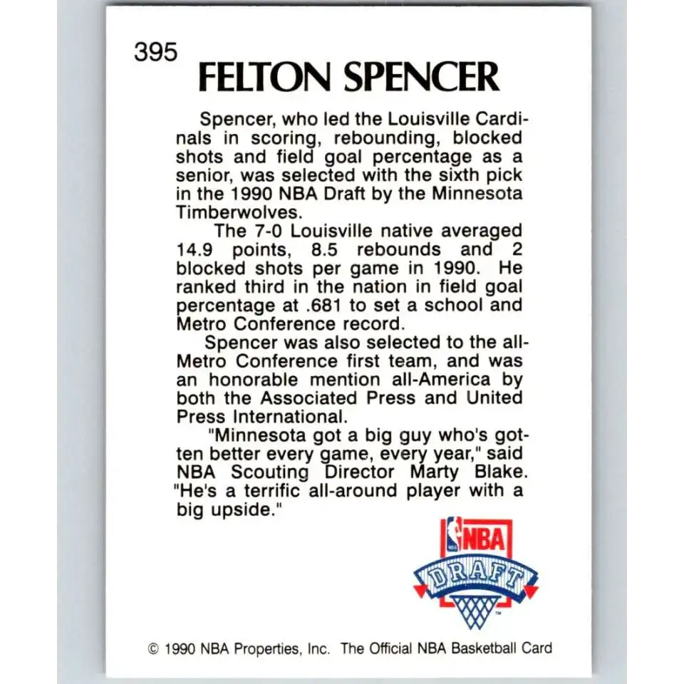 1990-91 Hoops #395 Felton Spencer NM-MT RC Rookie Minnesota Timberwolves Basketball Card - Basketball Card Single