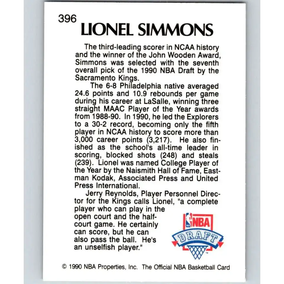 1990-91 Hoops #396 Lionel Simmons NM-MT RC Rookie Sacramento Kings Basketball Card - Basketball Card Single