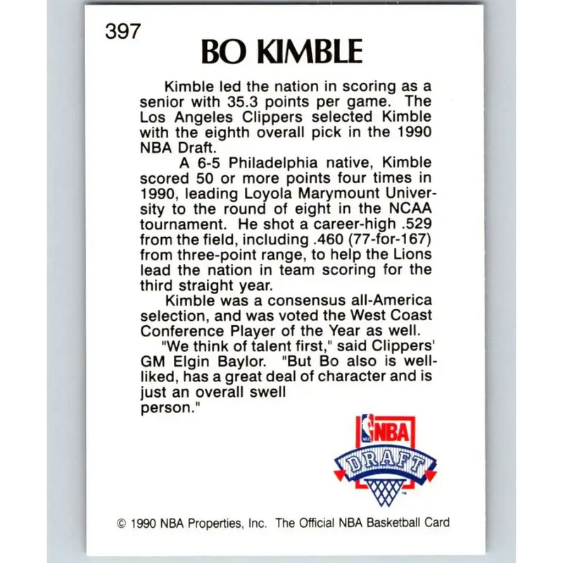 1990-91 Hoops #397 Bo Kimble NM-MT RC Rookie Los Angeles Clippers Basketball Card - Basketball Card Single