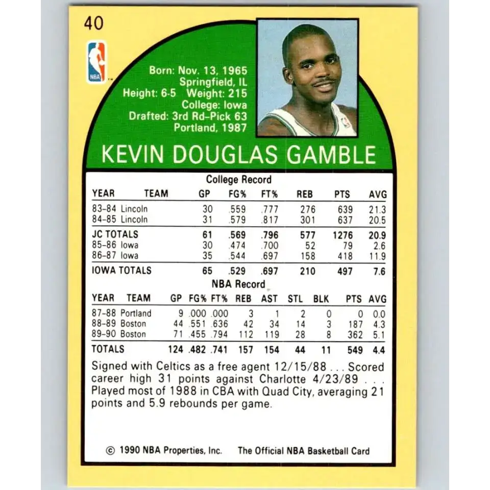 1990-91 Hoops #40 Kevin Gamble NM-MT Boston Celtics Basketball Card - Basketball Card Single