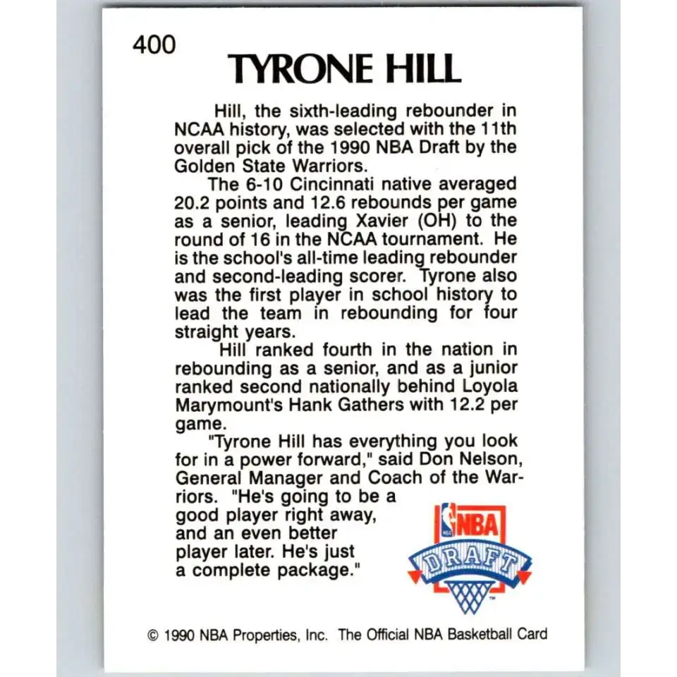 1990-91 Hoops #400 Tyrone Hill NM-MT RC Rookie Golden State Warriors Basketball Card - Basketball Card Single