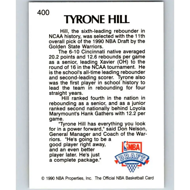 1990-91 Hoops #400 Tyrone Hill NM-MT RC Rookie Golden State Warriors Basketball Card - Basketball Card Single