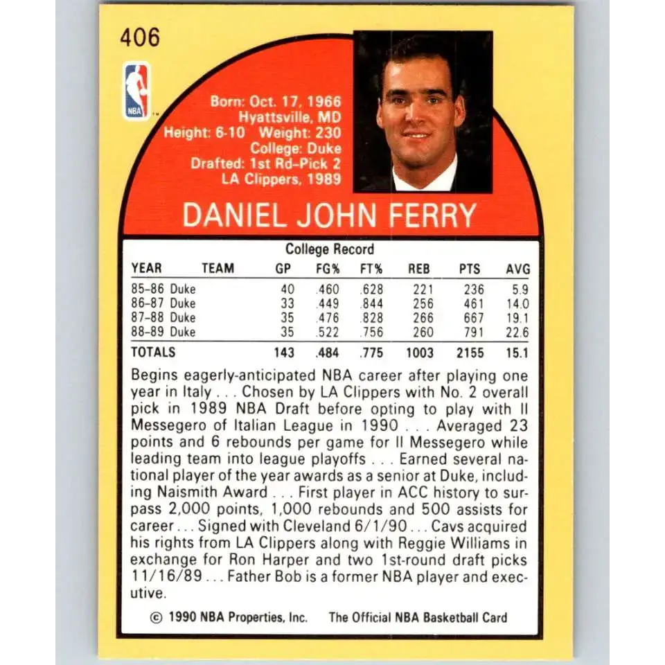 1990-91 Hoops #406a Danny Ferry ERR NM-MT Cleveland Cavaliers Basketball Card - Basketball Card Single