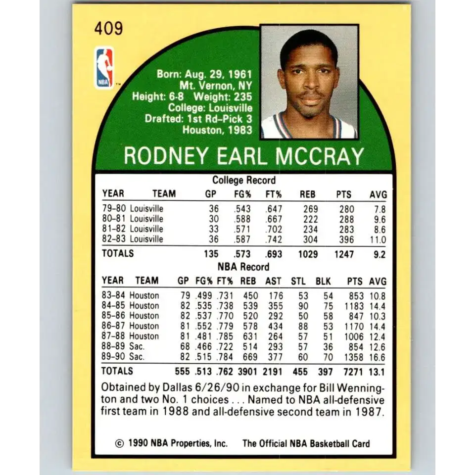 1990-91 Hoops #409 Rodney McCray NM-MT Dallas Mavericks Basketball Card - Basketball Card Single