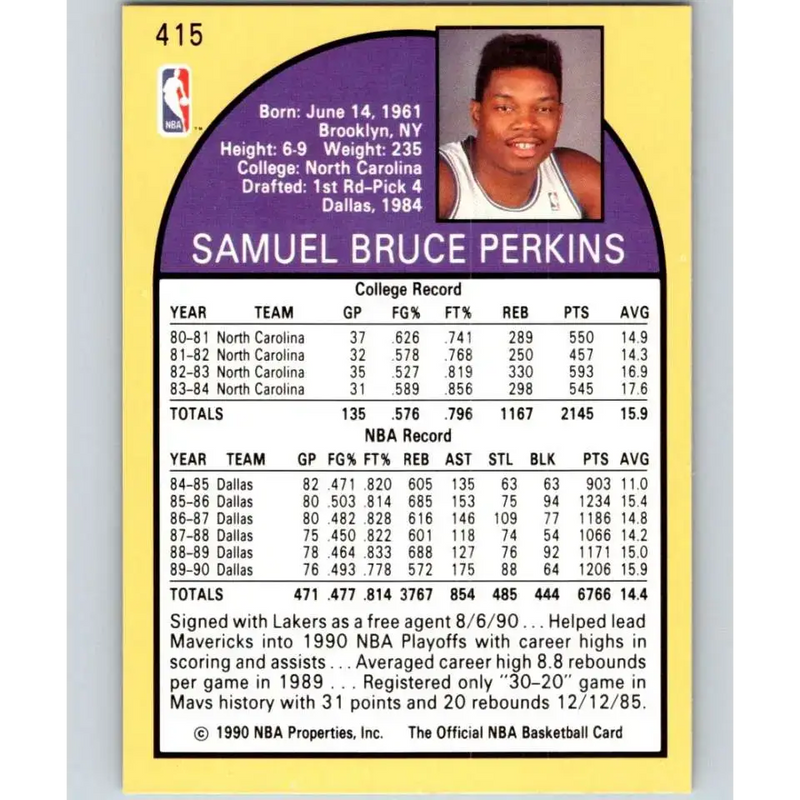 1990-91 Hoops #415 Sam Perkins NM-MT Los Angeles Lakers Basketball Card - Basketball Card Single