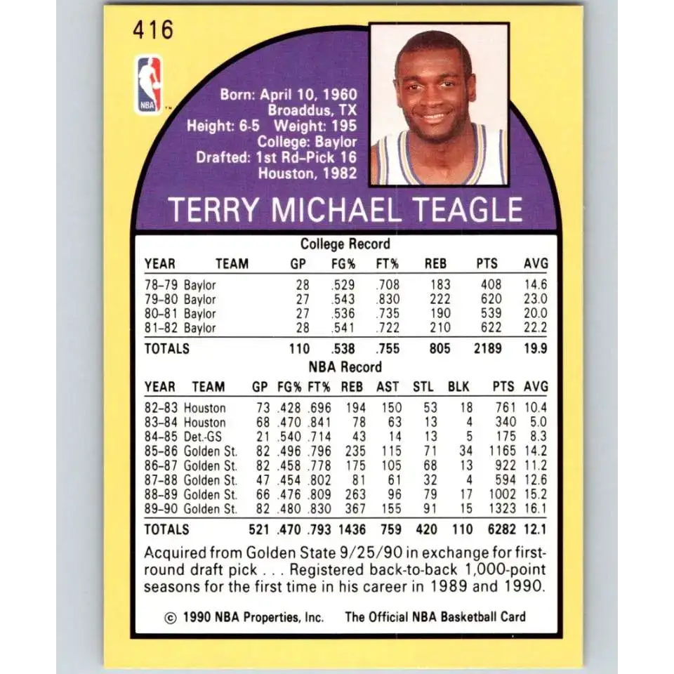 1990-91 Hoops #416 Terry Teagle NM-MT Los Angeles Lakers Basketball Card - Basketball Card Single