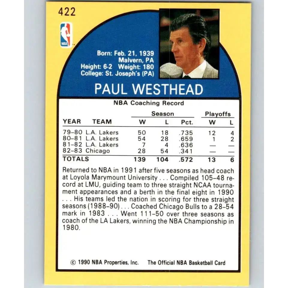 1990-91 Hoops #422 Paul Westhead CO NM-MT Denver Nuggets Basketball Card - Basketball Card Single