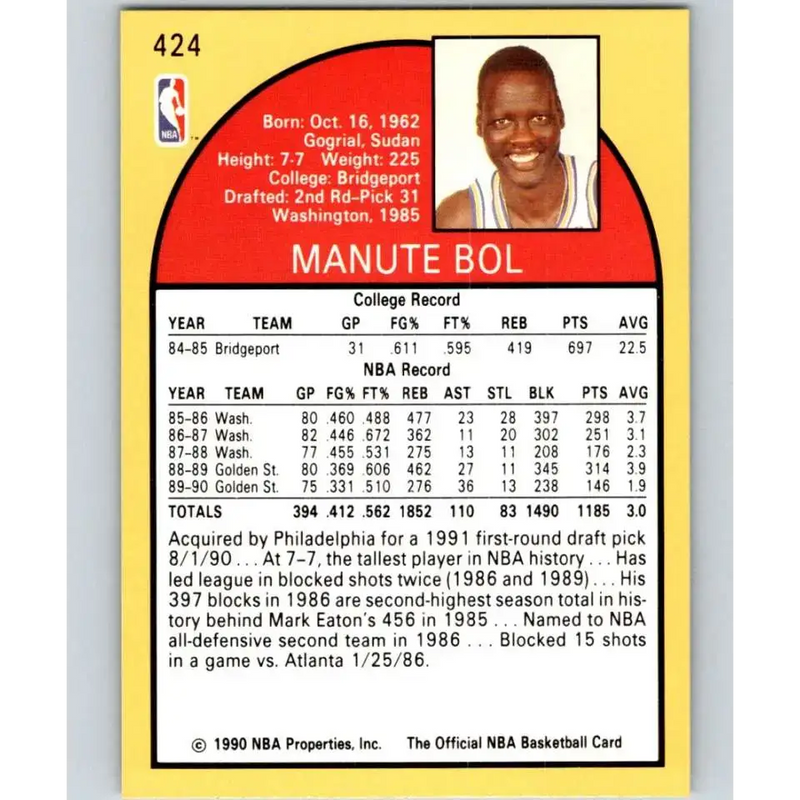 1990-91 Hoops #424 Manute Bol NM-MT Philadelphia 76ers Basketball Card - Basketball Card Single