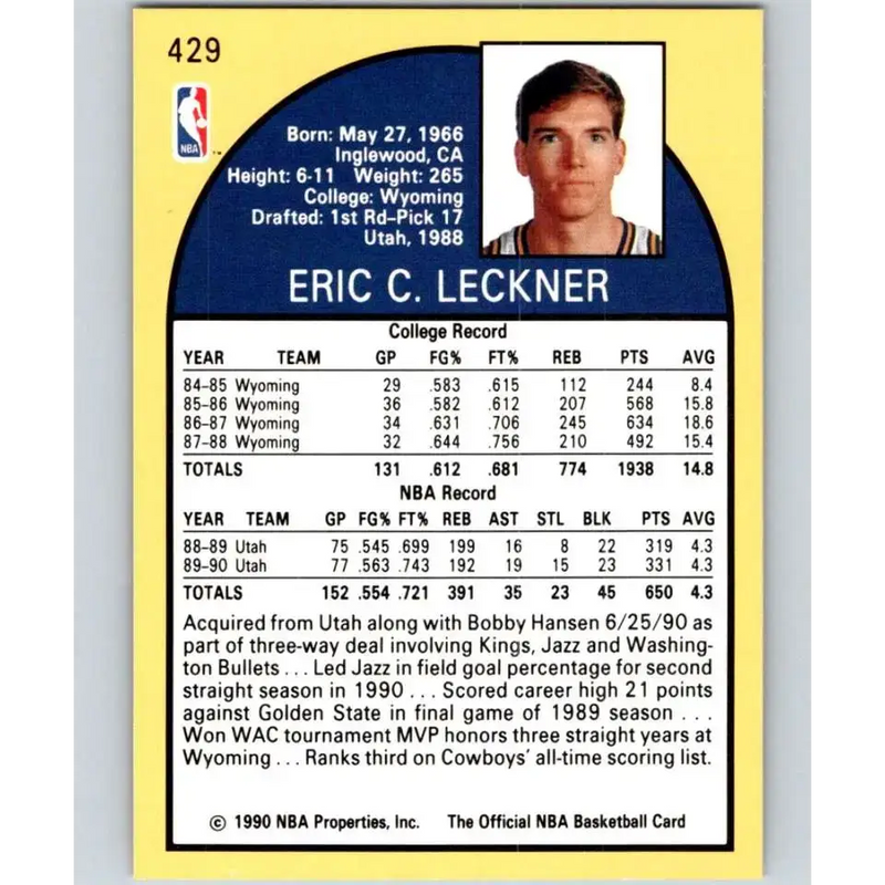 1990-91 Hoops #429 Eric Leckner NM-MT Sacramento Kings Basketball Card - Basketball Card Single