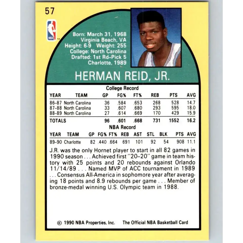 1990-91 Hoops #57 J.R. Reid NM-MT RC Rookie Charlotte Hornets Basketball Card - Basketball Card Single