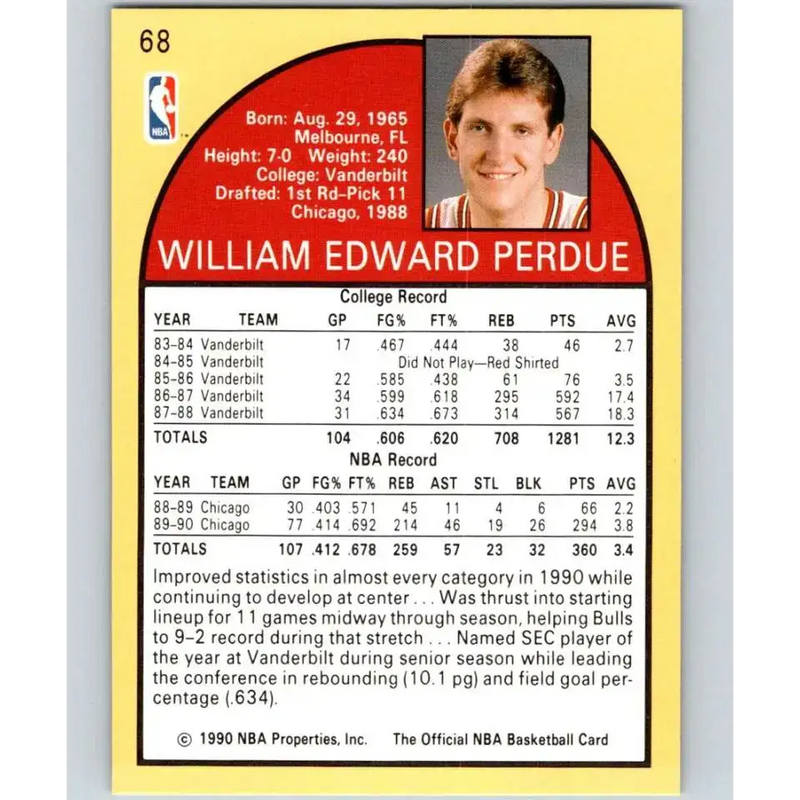 1990-91 Hoops #68 Will Perdue NM-MT Chicago Bulls Basketball Card - Basketball Card Single