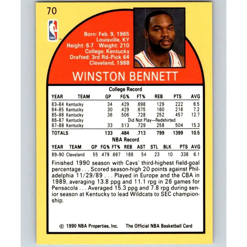 1990-91 Hoops #70 Winston Bennett NM-MT RC Rookie Cleveland Cavaliers Basketball Card - Basketball Card Single