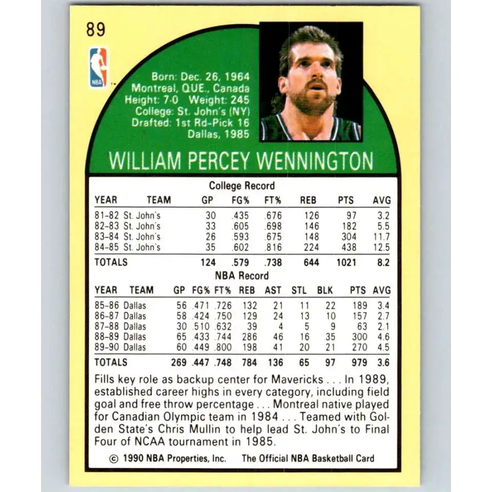 1990-91 Hoops #89 Bill Wennington NM-MT SP Dallas Mavericks Basketball Card - Basketball Card Single