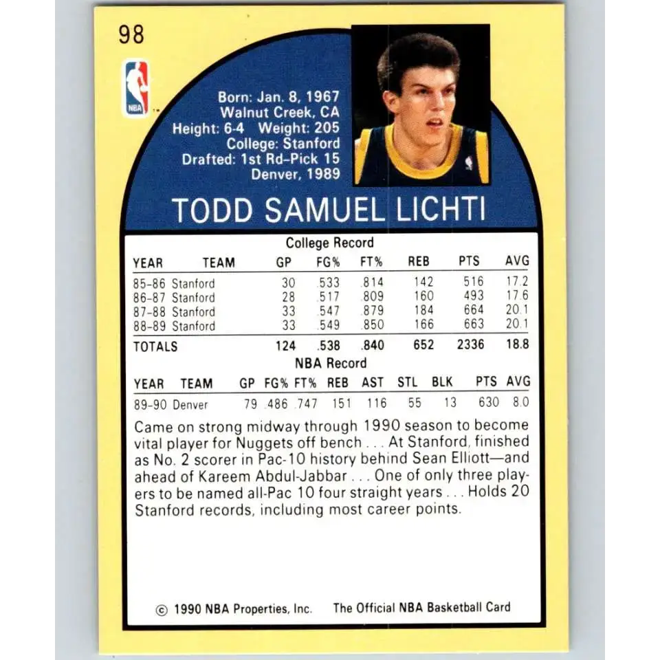 1990-91 Hoops #98 Todd Lichti NM-MT RC Rookie Denver Nuggets Basketball Card - Basketball Card Single