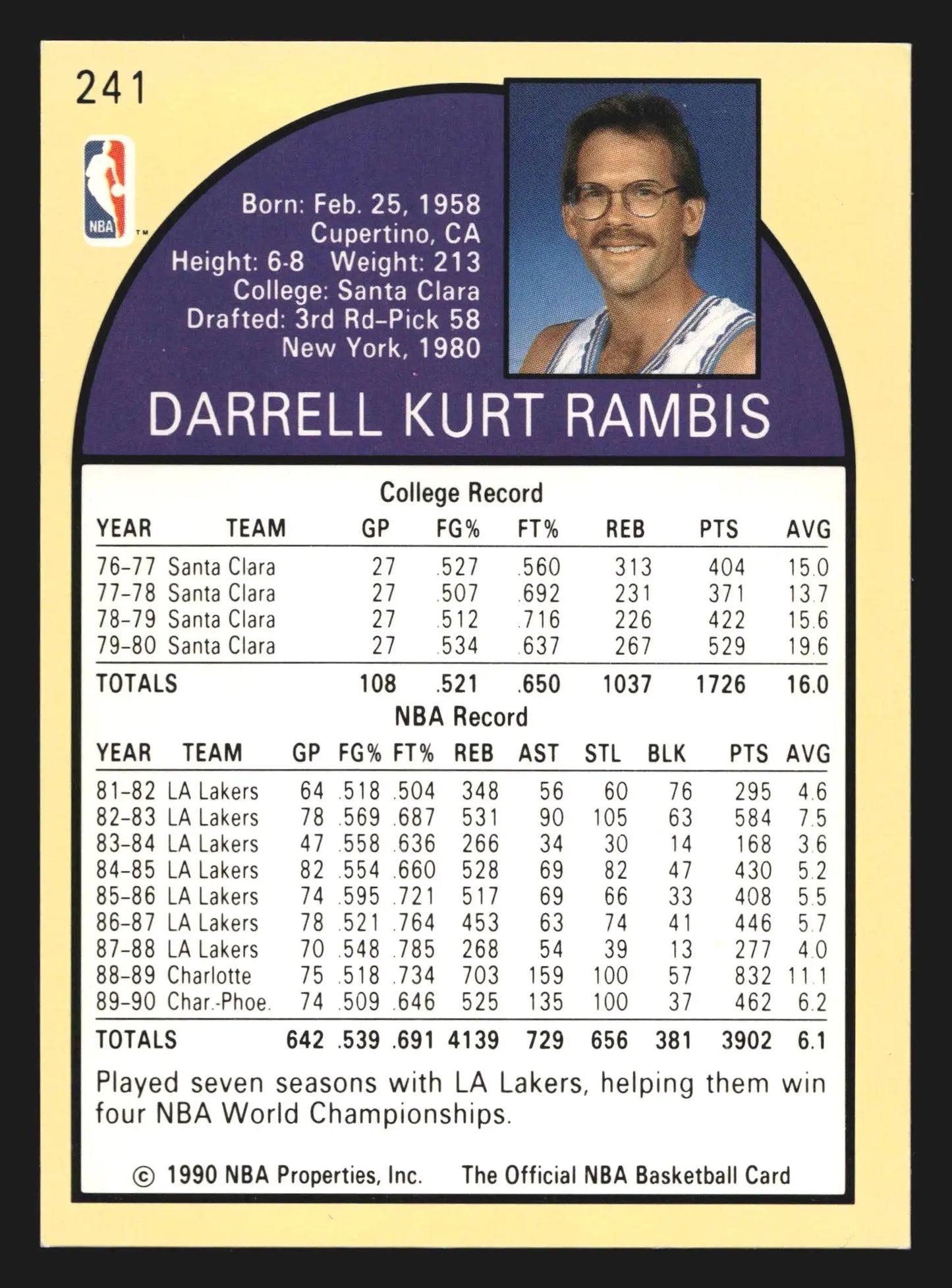 1990-91 NBA Hoops Kurt Rambis #241 Phoenix Suns - Basketball Card Single